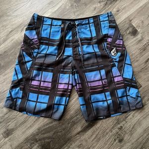 Volcom Men's Blue Plaid Unlined Boardshorts Swim Trunks Shorts Surfing Size 36
